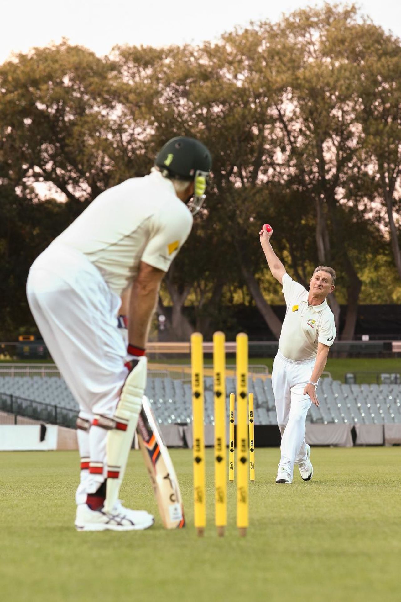 Len Pascoe and Barry Richards at a re-enactment of the first ball bowled under lights, Adelaide Oval, November 24, 2015