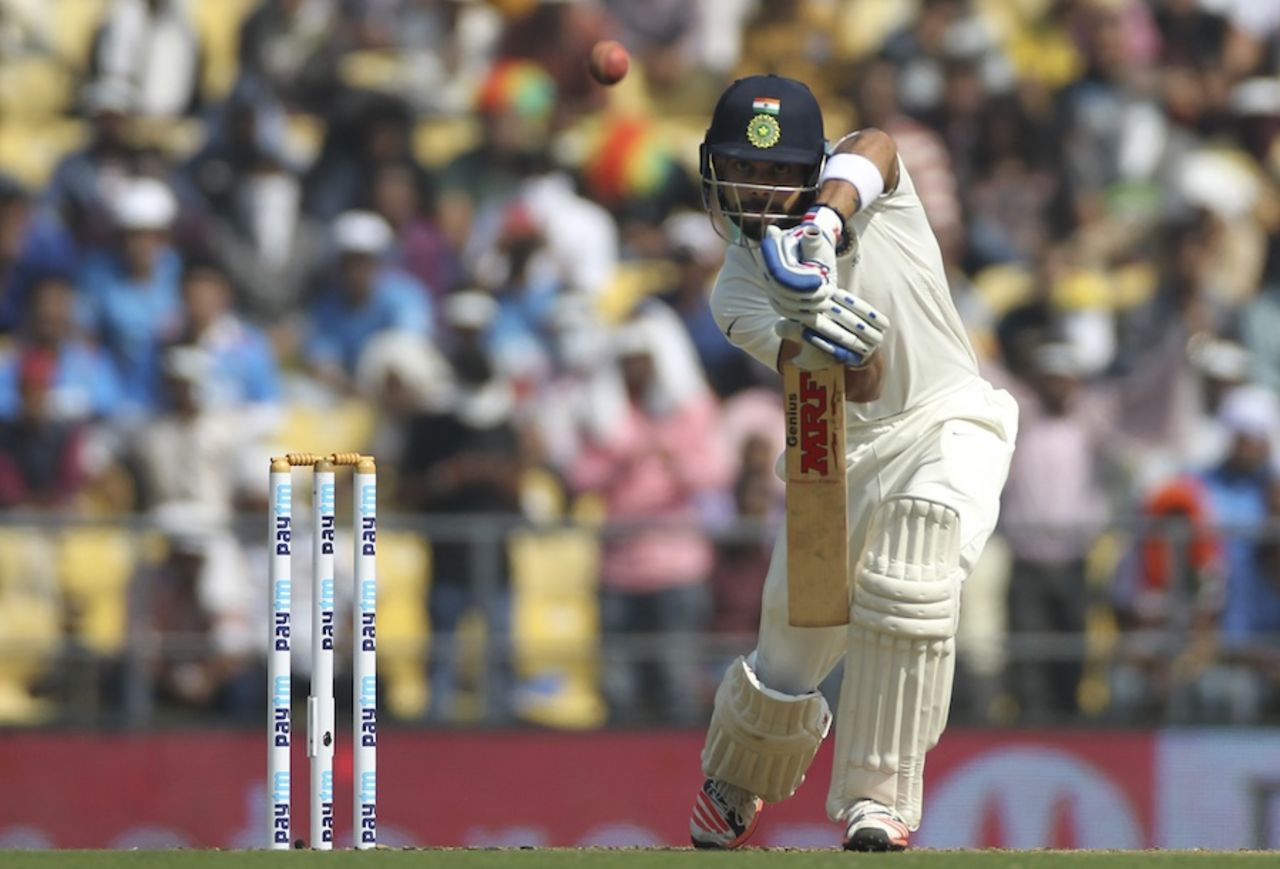 Virat Kohli defends on the off side, India v South Africa, 3rd Test, Nagpur, 1st day, November 25, 2015