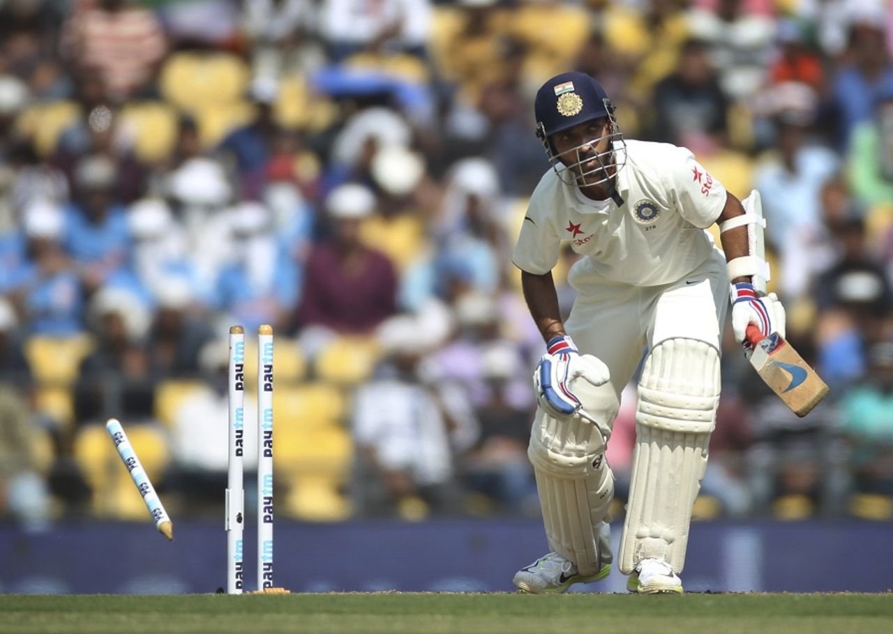 Ajinkya Rahane loses his off stump, India v South Africa, 3rd Test, Nagpur, 1st day, November 25, 2015