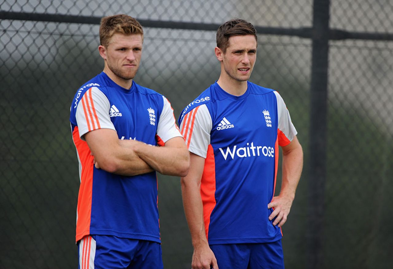 David Willey and Chris Woakes during England's final training session before the T20 series, Dubai, November 25, 2015