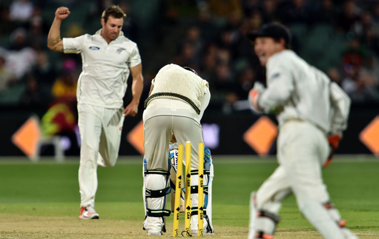 Joe Burns had his bails trimmed after getting an inside edge off Doug Bracewell, Australia v New Zealand, 3rd Test, Adelaide, November 27, 2015