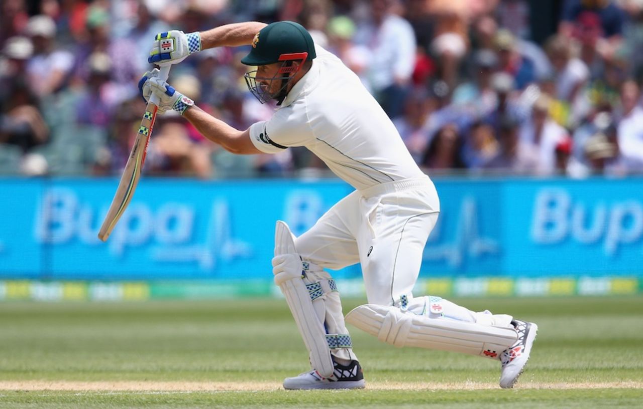 Shaun Marsh plays off the front foot, Australia v New Zealand, 3rd Test, Adelaide, 2nd day, November 28, 2015
