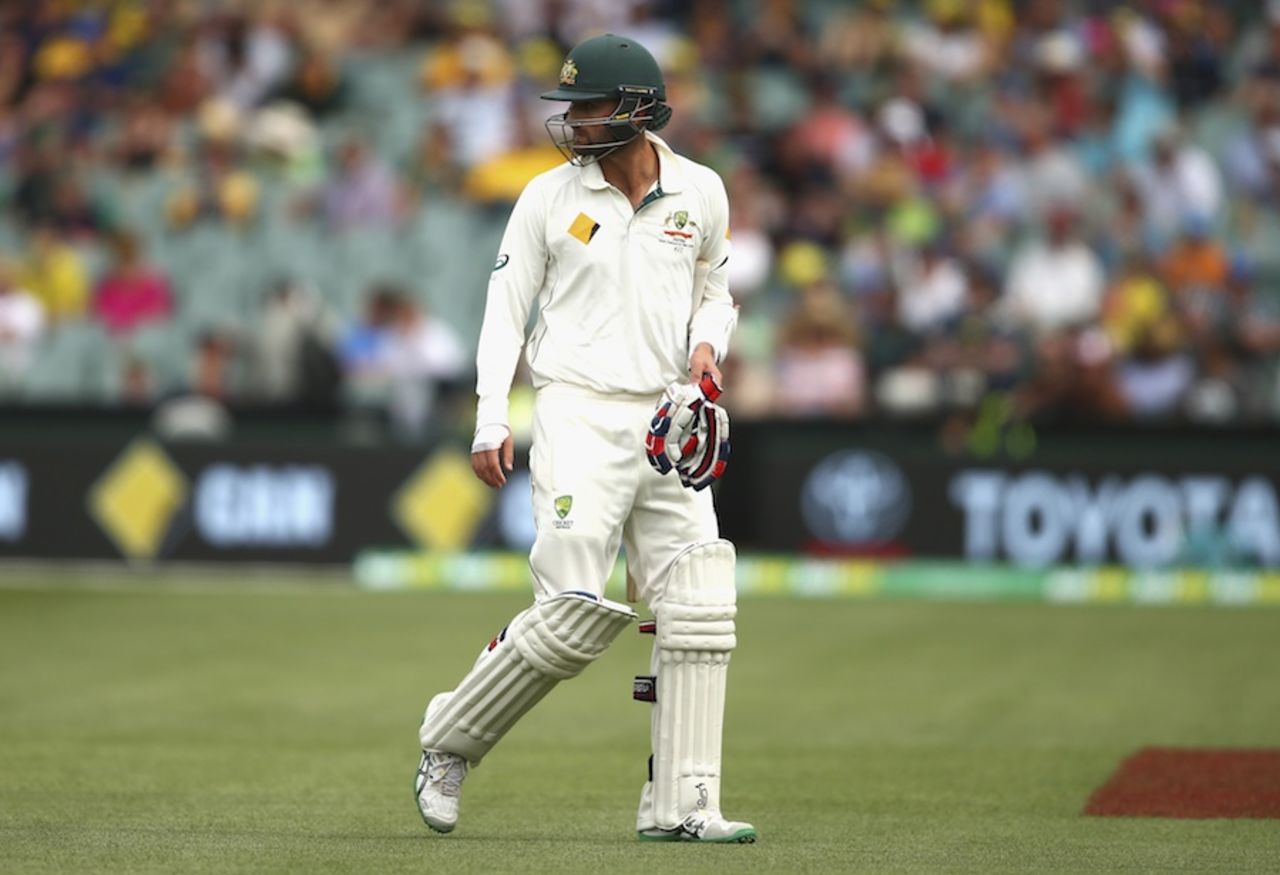 Nathan Lyon was walking off the field while the third umpire deliberated over the appeal for catch, Australia v New Zealand, 3rd Test, Adelaide, 2nd day, November 28, 2015