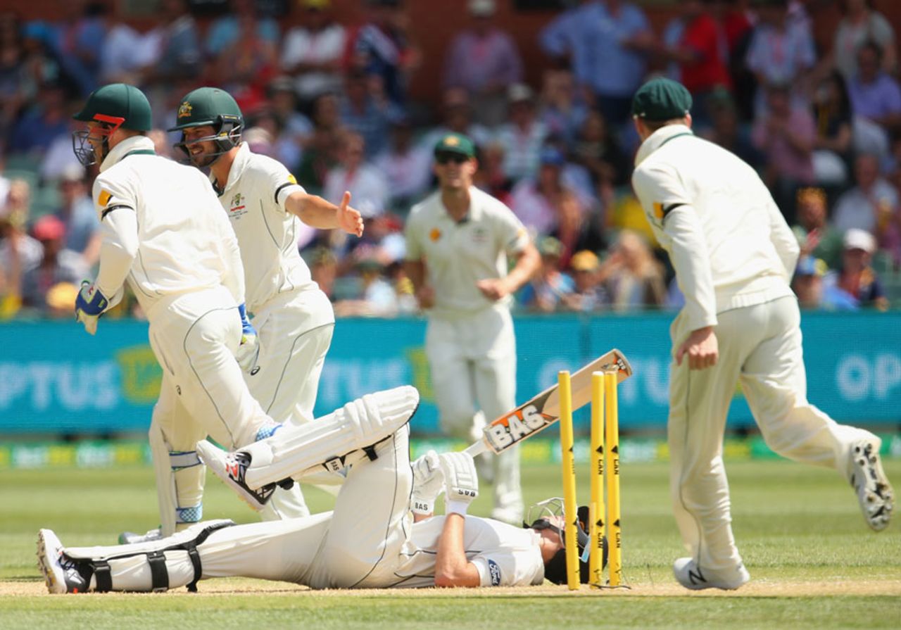 Mitchell Santner was left on his back out of his ground, Australia v New Zealand, 3rd Test, Adelaide, 3rd day, November 29, 2015