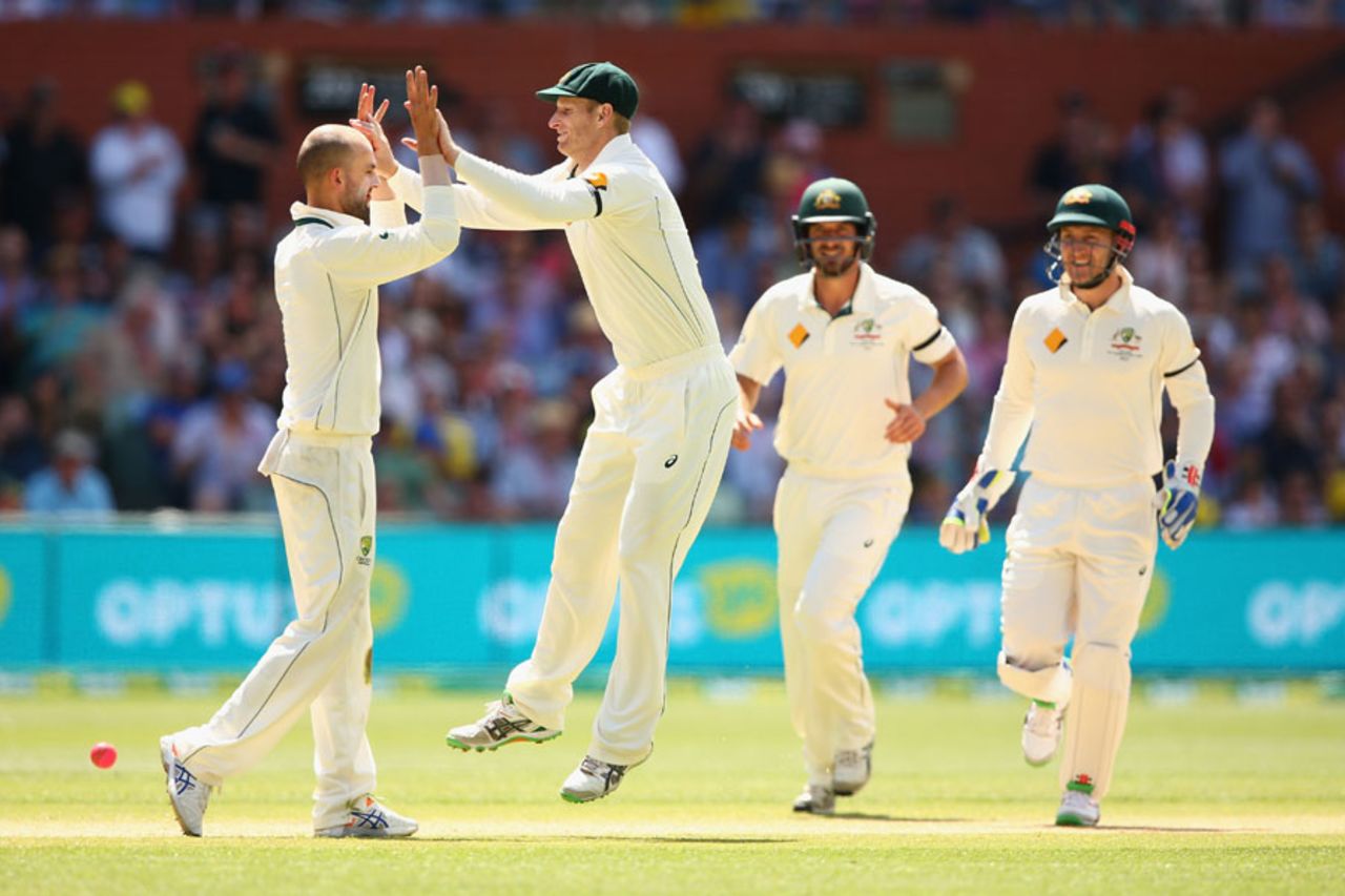 Nathan Lyon celebrates the wicket of Mitchell Santner, Australia v New Zealand, 3rd Test, Adelaide, 3rd day, November 29, 2015