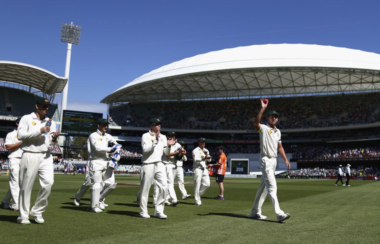 Josh Hazlewood leads Australia off after taking 6 for 70, Australia v New Zealand, 3rd Test, Adelaide, 3rd day, November 29, 2015