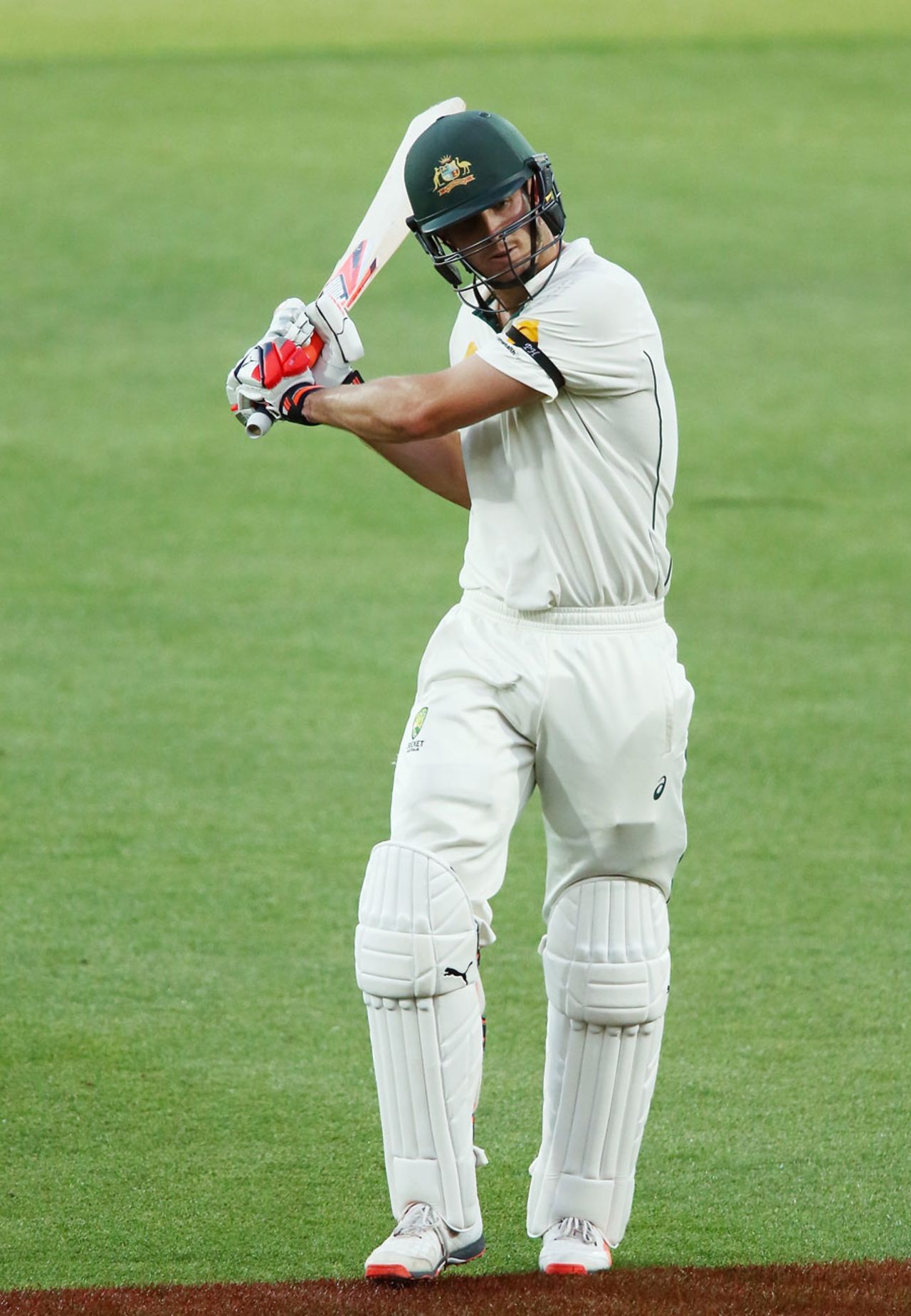 Mitchell Marsh rehearses the shot that resulted in his dismissal, Australia v New Zealand, 3rd Test, Adelaide, 3rd day, November 29, 2015
