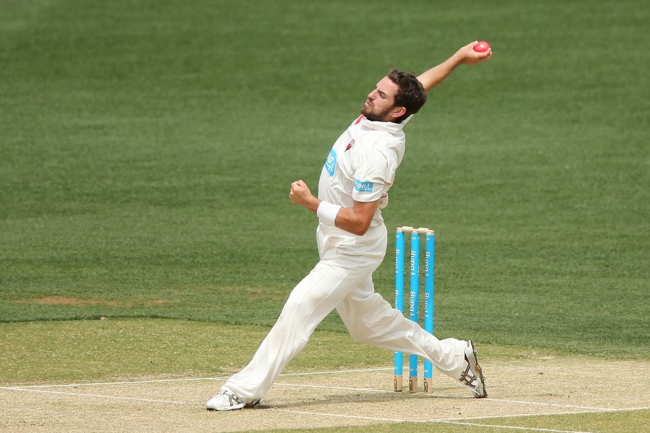 Chadd Sayers sends down a delivery, South Australia v New South Wales, Sheffield Shield 2014-15, 1st day, Adelaide, November 8, 2014