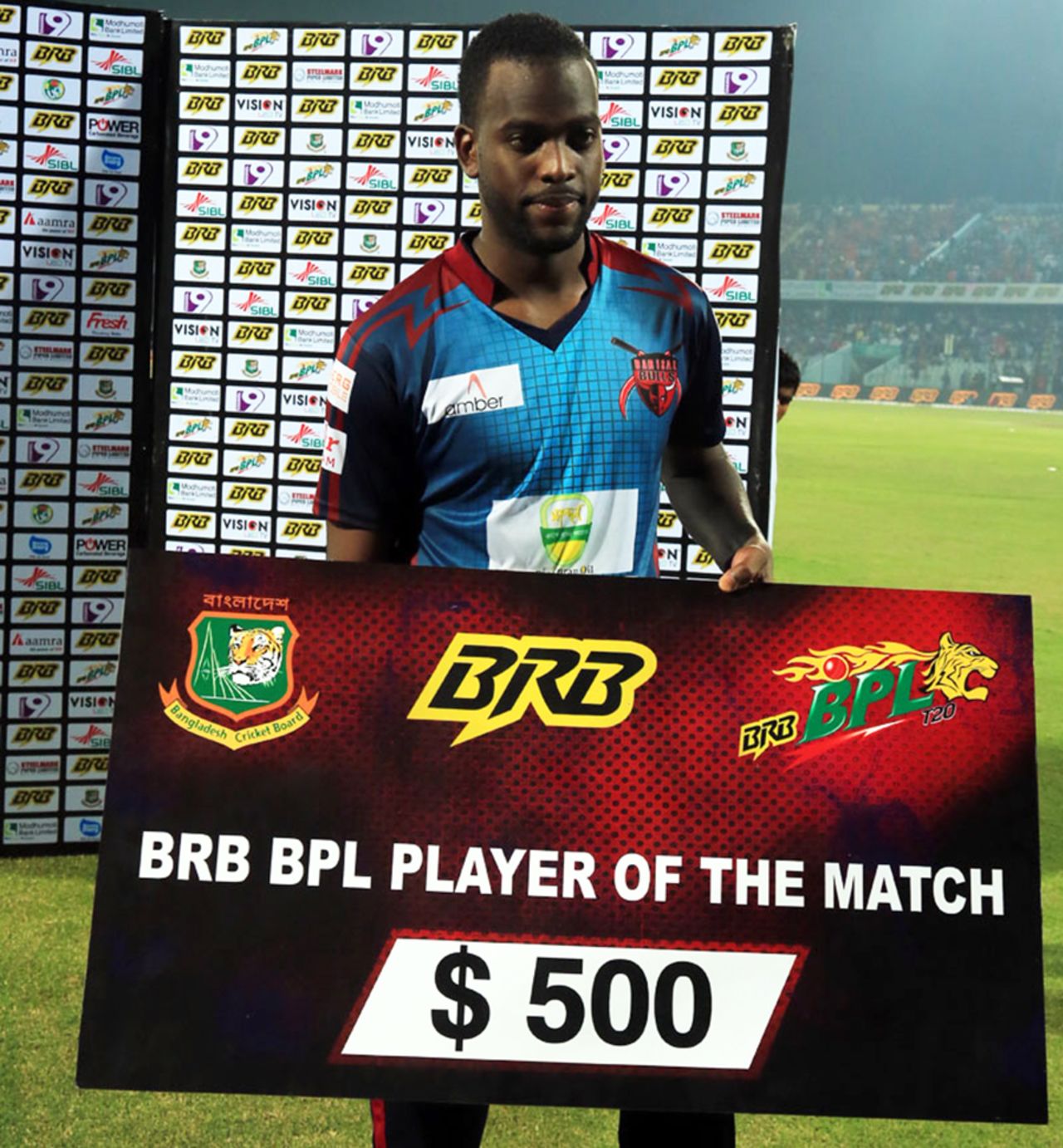 Kevon Cooper was named Man of the Match for his unbeaten 21 and a three-wicket haul, Chittagong Vikings v Barisal Bulls, BPL 2015-16, Chittagong, November 30, 2015