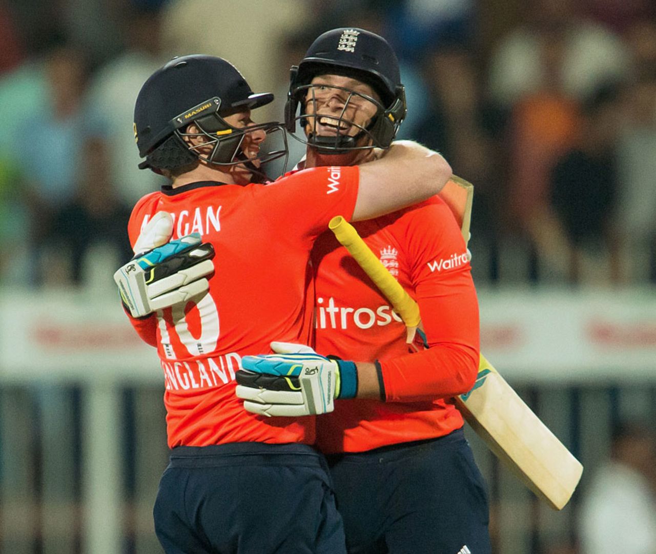Eoin Morgan and Jos Buttler celebrate the Super Over victory, Pakistan v England, 3rd T20, Sharjah, November 30, 2015