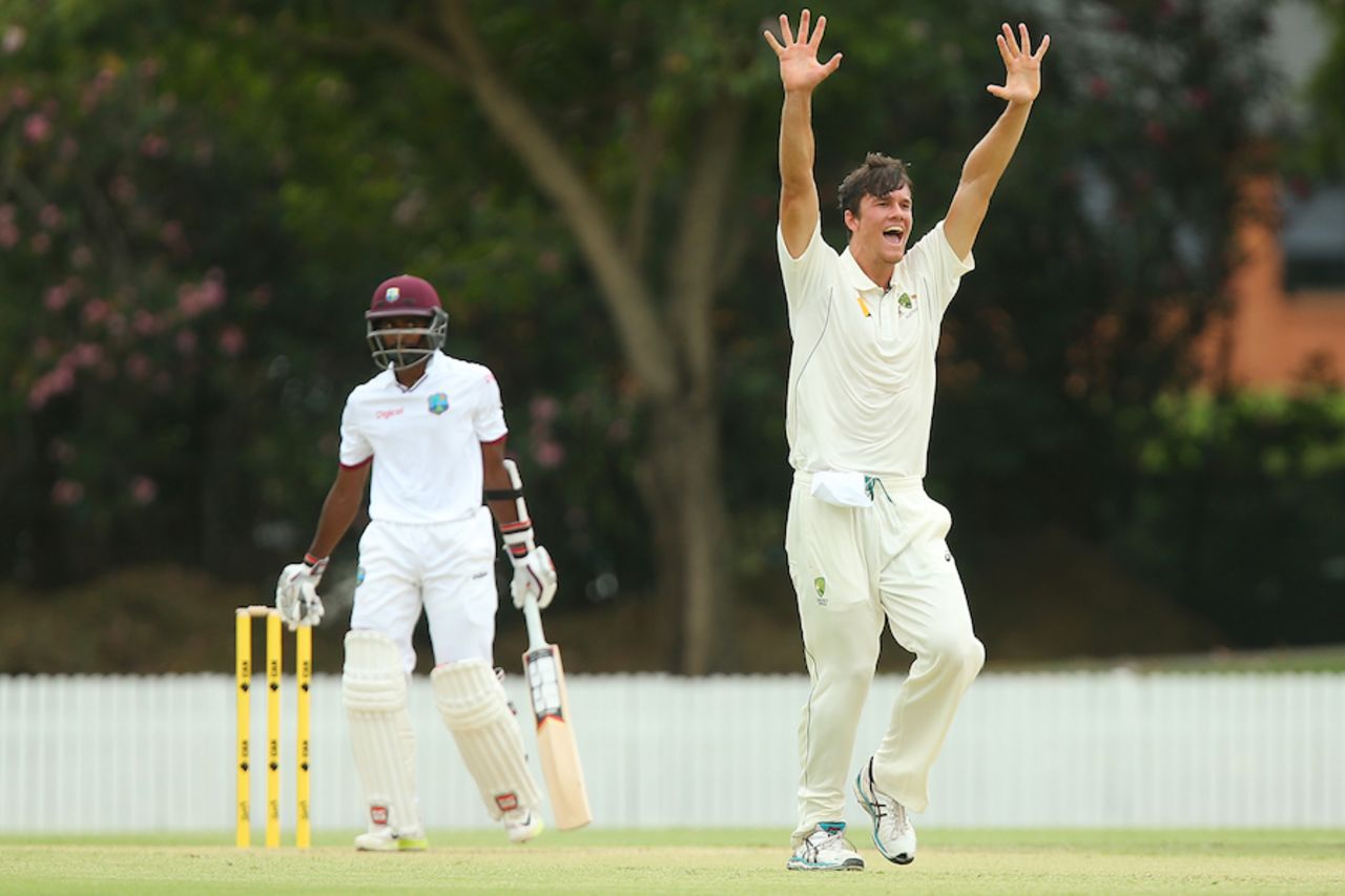 James Bazley appeals for a wicket, Cricket Australia XI v West Indians, tour game, Brisbane, 1st day, December 2, 2015