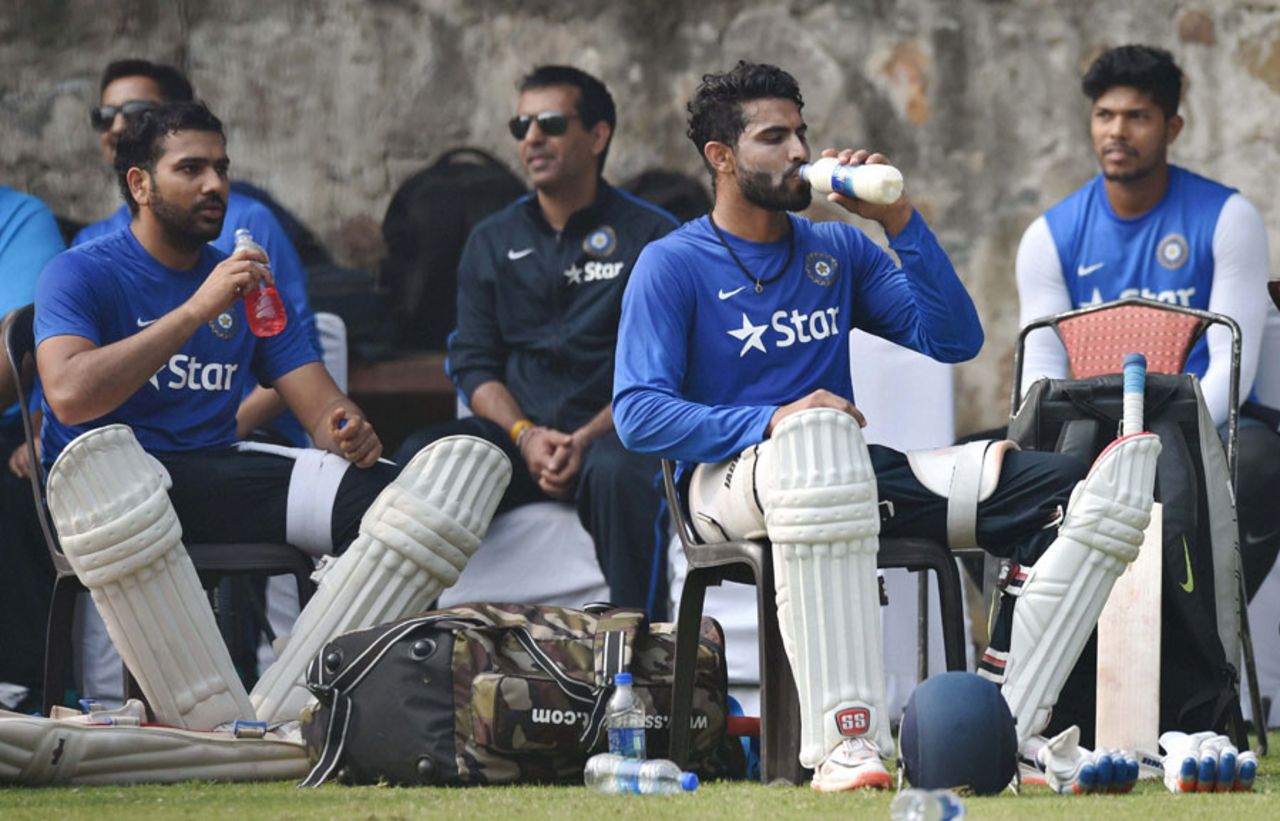 Rohit Sharma and Ravindra Jadeja take a breather during a practice session, Delhi, December 2, 2015