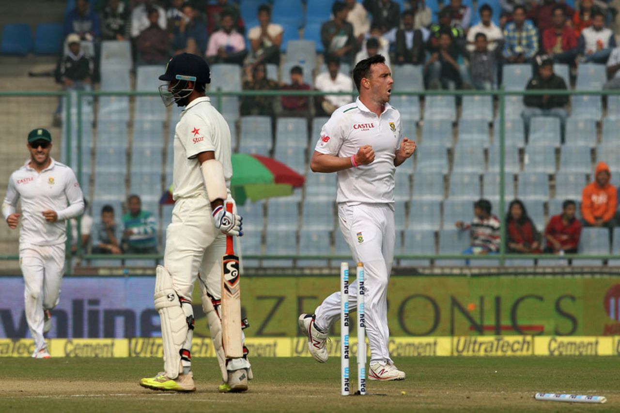 Kyle Abbott had Cheteshwar Pujara's stumps removed, India v South Africa, 4th Test, 1st day, Delhi, December 3, 2015