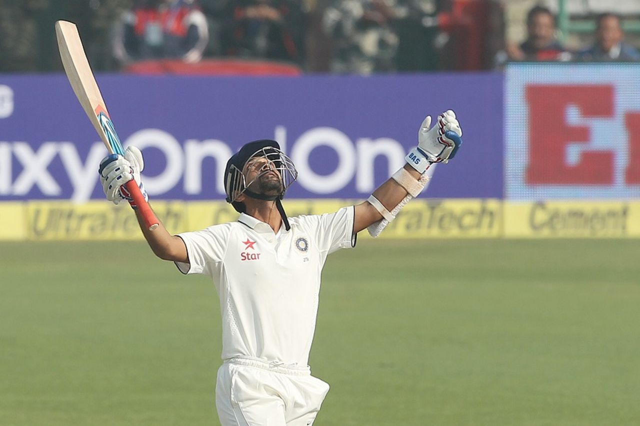 Anjinkya Rahane looks skywards after reaching a century, India v South Africa, 4th Test, Delhi, 2nd day, December 4, 2015