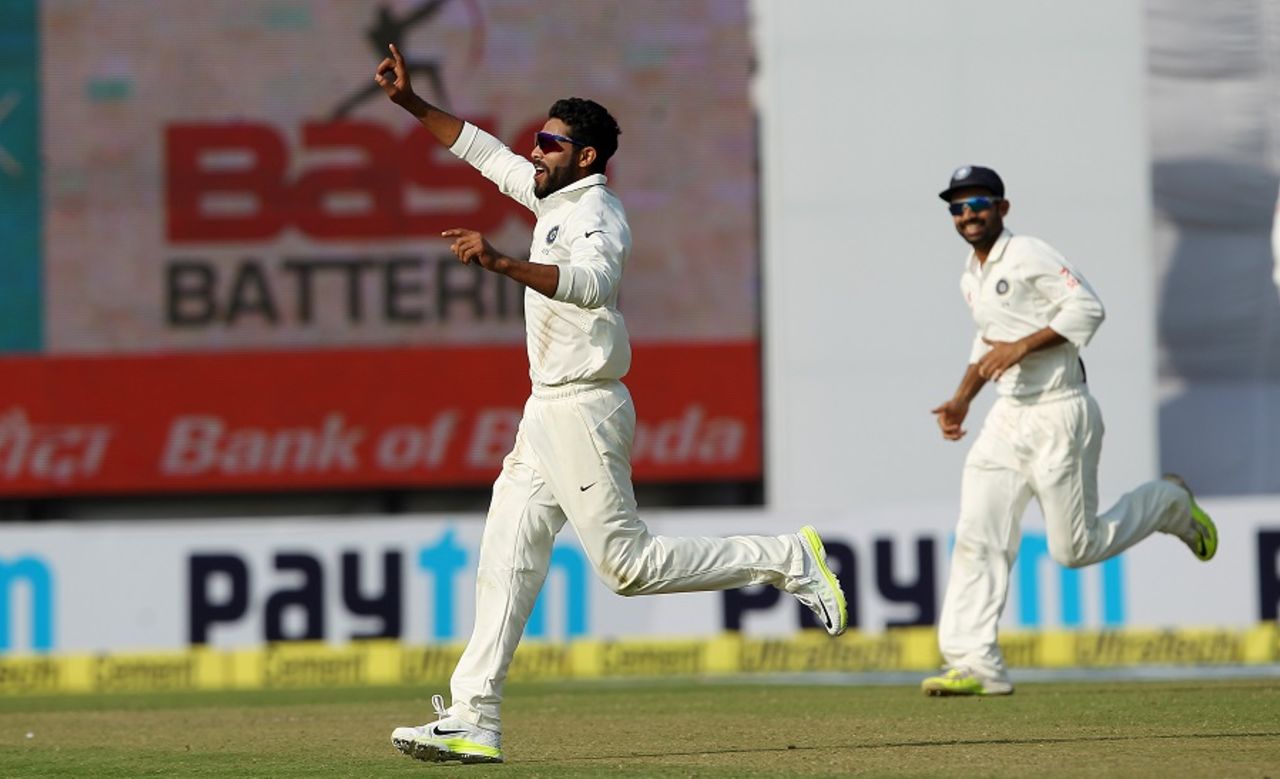 Catch me if you can: Ravindra Jadeja wheels away after getting Temba Bavuma, India v South Africa, 4th Test, Delhi, 2nd day, December 4, 2015