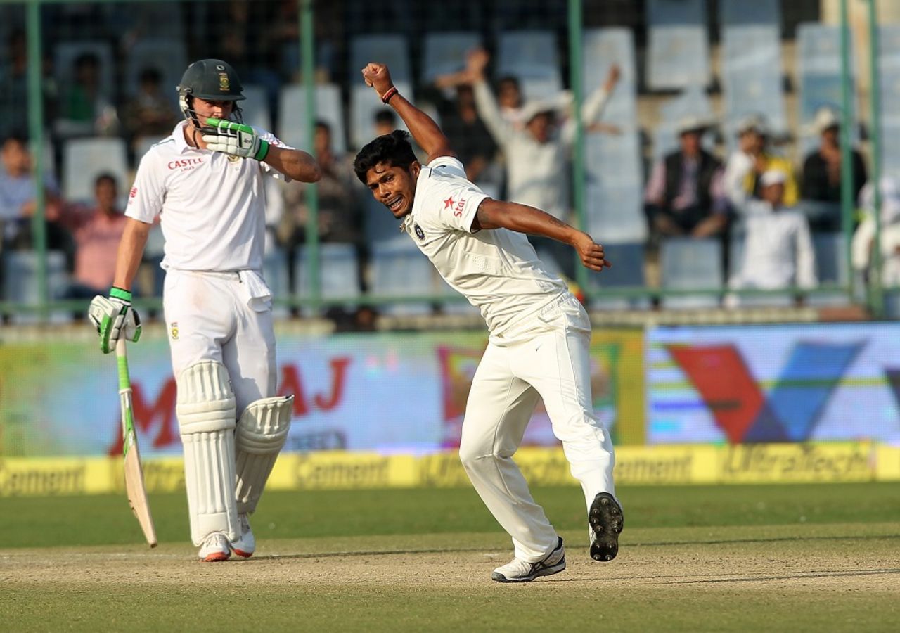 Umesh Yadav is pumped after bowling JP Duminy, India v South Africa, 4th Test, Delhi, 2nd day, December 4, 2015