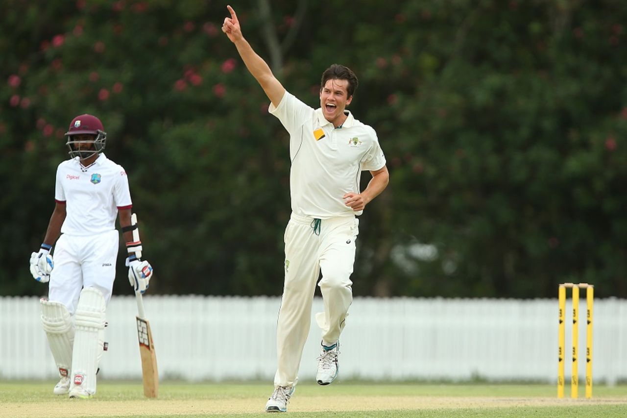 James Bazley signals the end of another West Indian batsman, Cricket Australia XI v West Indians, Tour game, Brisbane, 3rd day, December 4, 2015