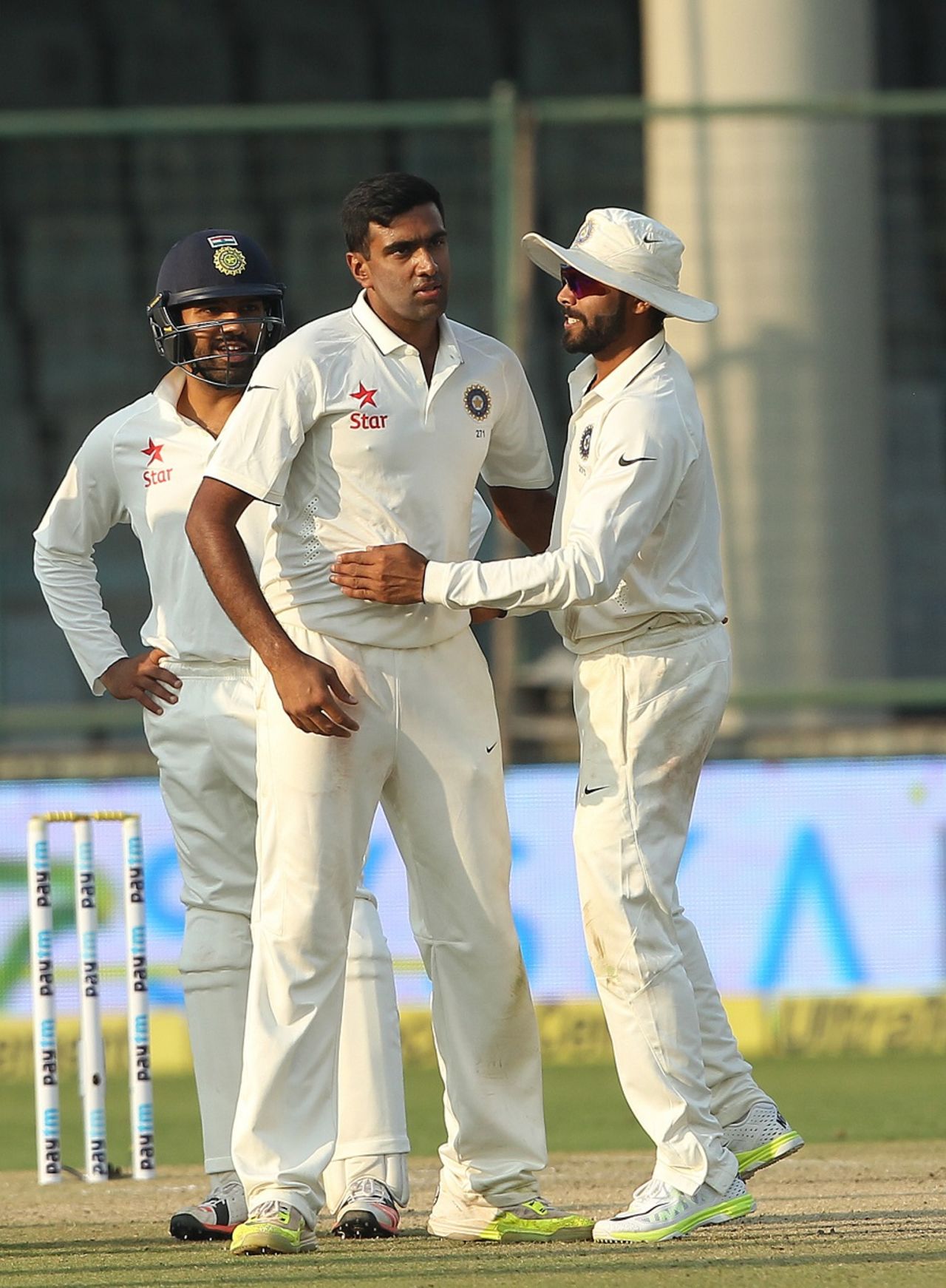 R Ashwin is congratulated by Ravindra Jadeja, India v South Africa, 4th Test, Delhi, 2nd day, December 4, 2015