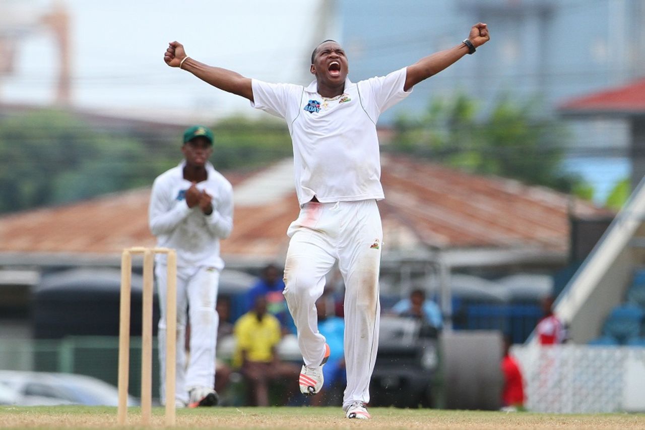 Chris Barnwell roars after taking his fifth wicket, Trinidad & Tobago v Guyana, Regional Four-Day Tournament, 1st day, Port-of-Spain, December 4, 2015