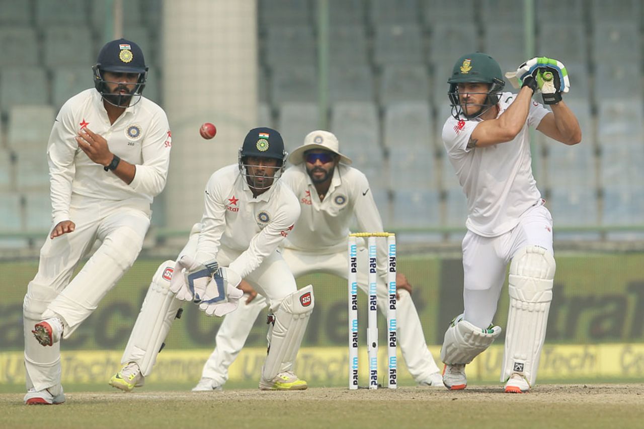 Faf du Plessis slaps a full toss at M Vijay at silly point, India v South Africa, 4th Test, Delhi, 5th day, December 7, 2015