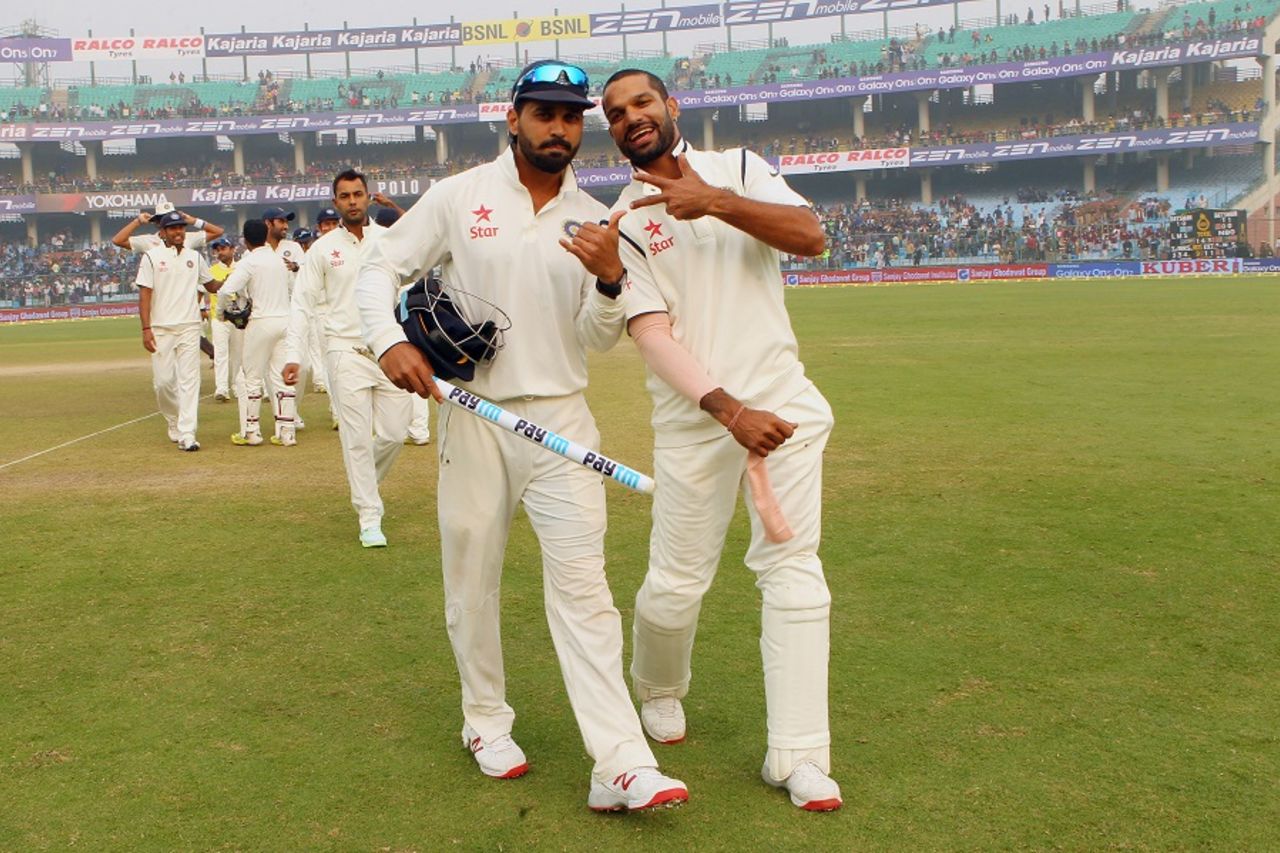 Top guns: M Vijay and Shikhar Dhawan celebrate India's win,  India v South Africa, 4th Test, Delhi, 5th day, December 7, 2015
