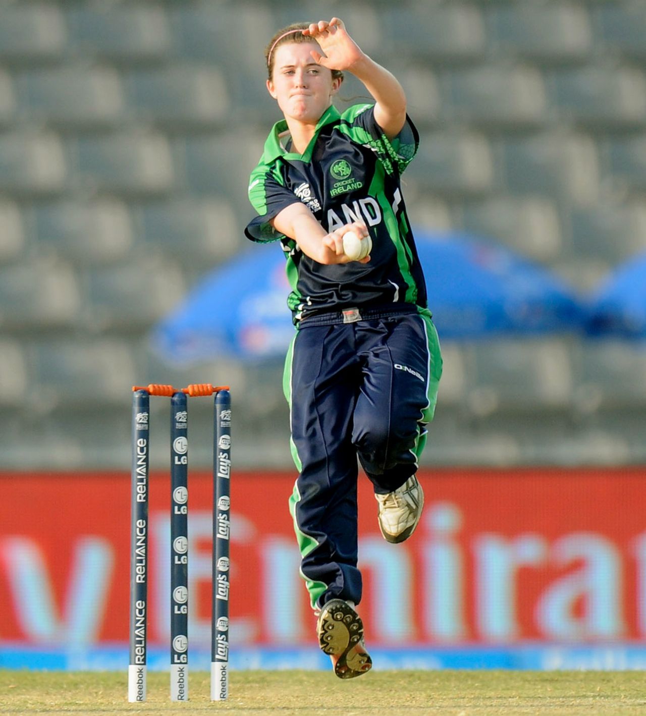 Lucy O'Reilly bowls, Ireland Women v Pakistan Women, Women's World T20, Sylhet, March 31, 2014