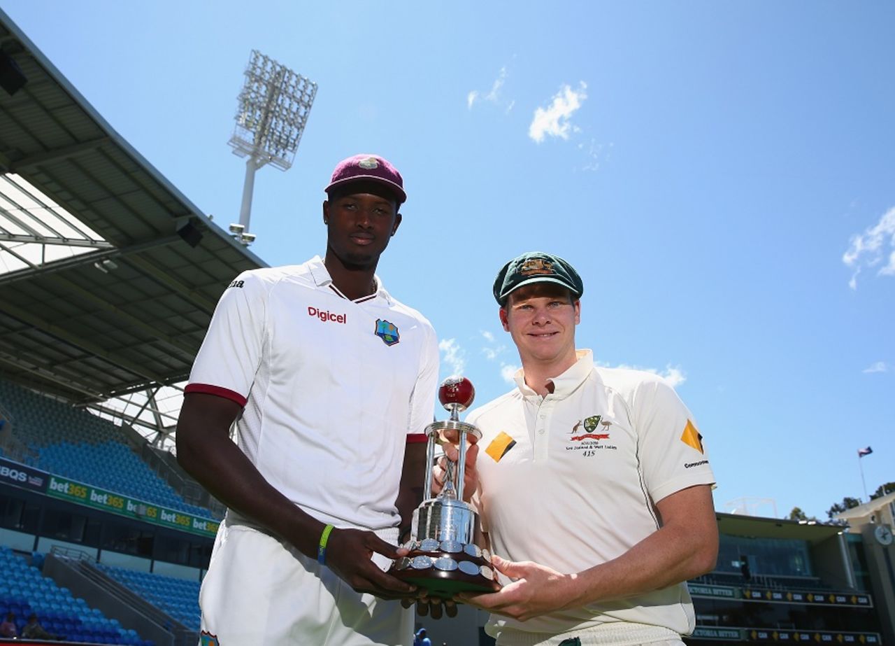 Captains Jason Holder and Steven Smith pose with the Frank Worrell Trophy, Australia v West Indies, Hobart, December 9, 2015