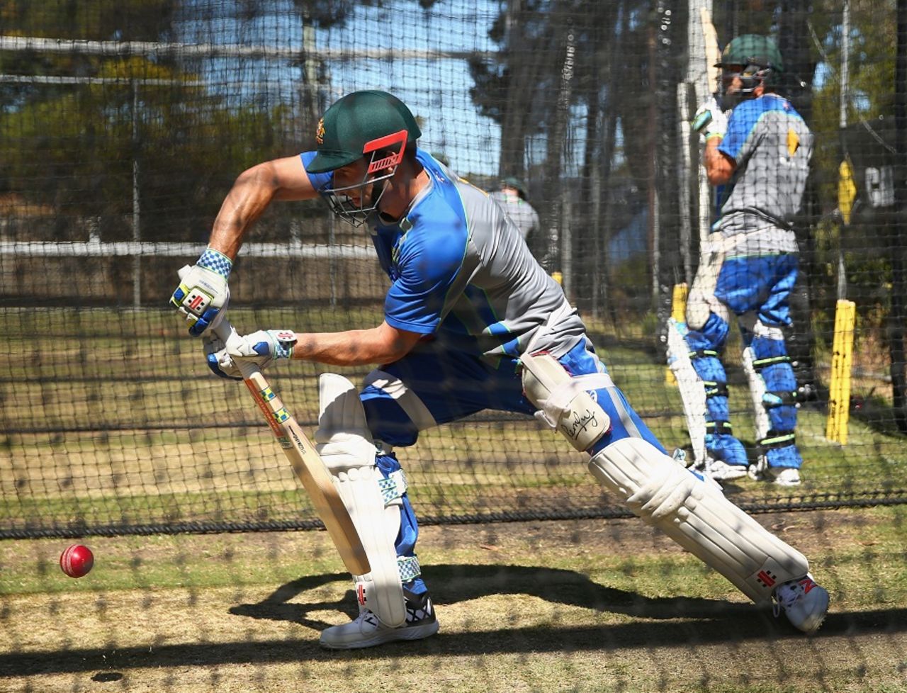 Shaun Marsh plays a defensive stroke in a practice session, Australia v West Indies, Hobart, December 9, 2015
