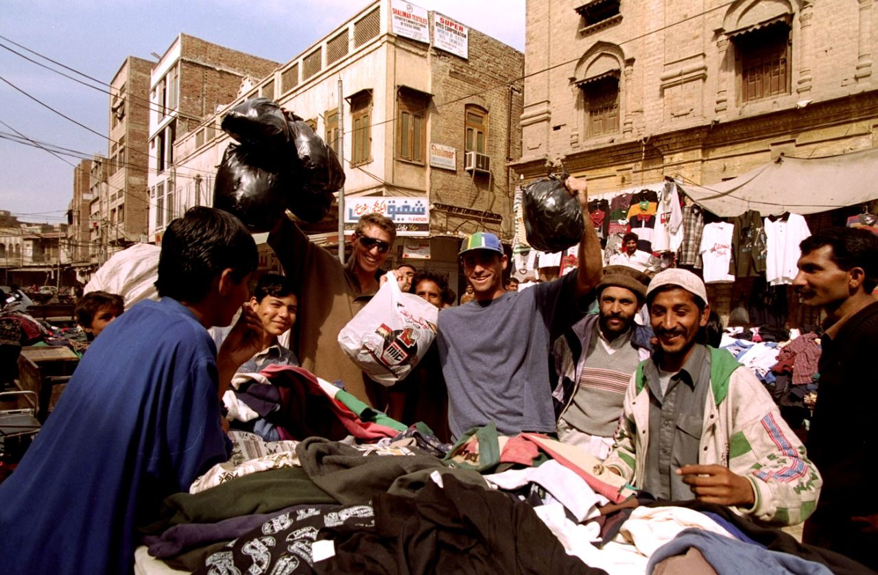 Fanie de Villiers and Steve Palframan shop in a street in Pakistan, February, 1996