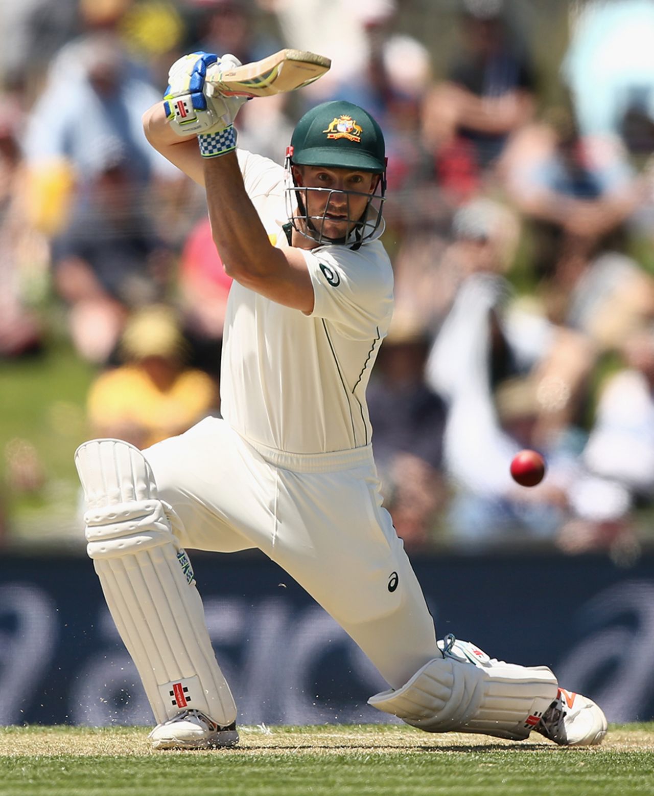 Shaun Marsh drives the ball through the off side, Australia v West Indies, 1st Test, Hobart, 1st day, December 10, 2015