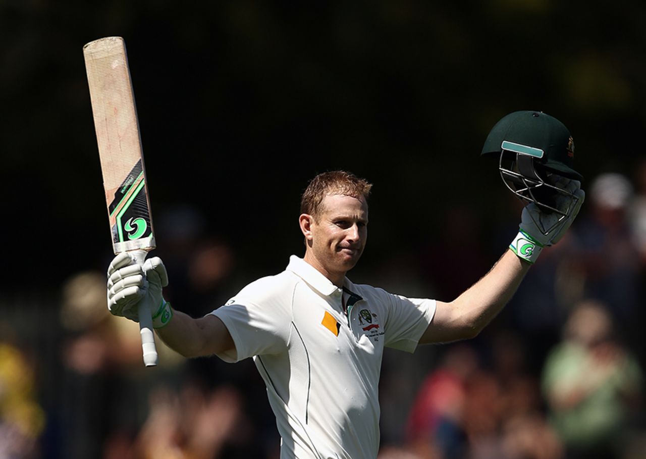 Adam Voges raises his bat after scoring a run-a-ball 100, Australia v West Indies, 1st Test, Hobart, 1st day, December 10, 2015