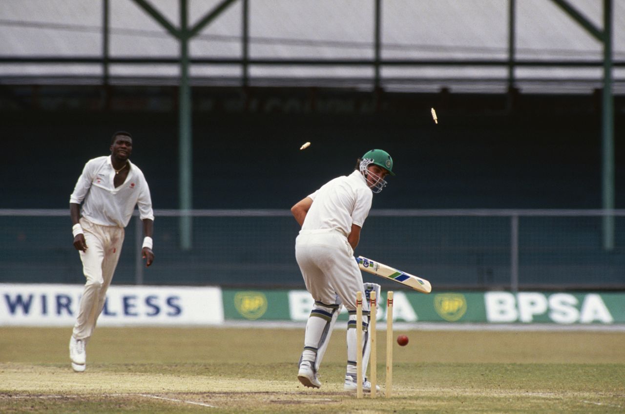Meyrick Pringle is bowled by Curtly Ambrose, West Indies v South Africa, day five,  only Test, Bridgetown, April 23, 1992

