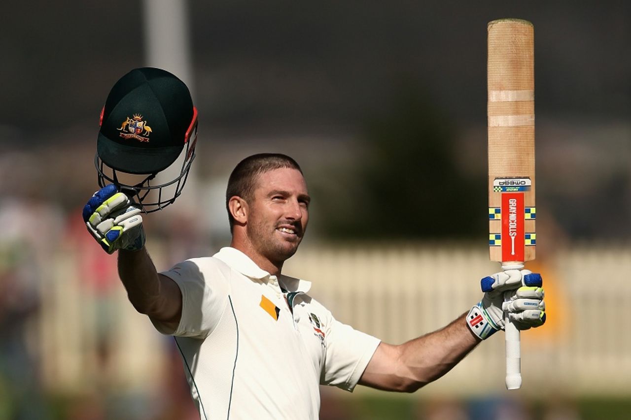 Shaun Marsh celebrates his third Test century, Australia v West Indies, 1st Test, Hobart, 1st day, December 10, 2015