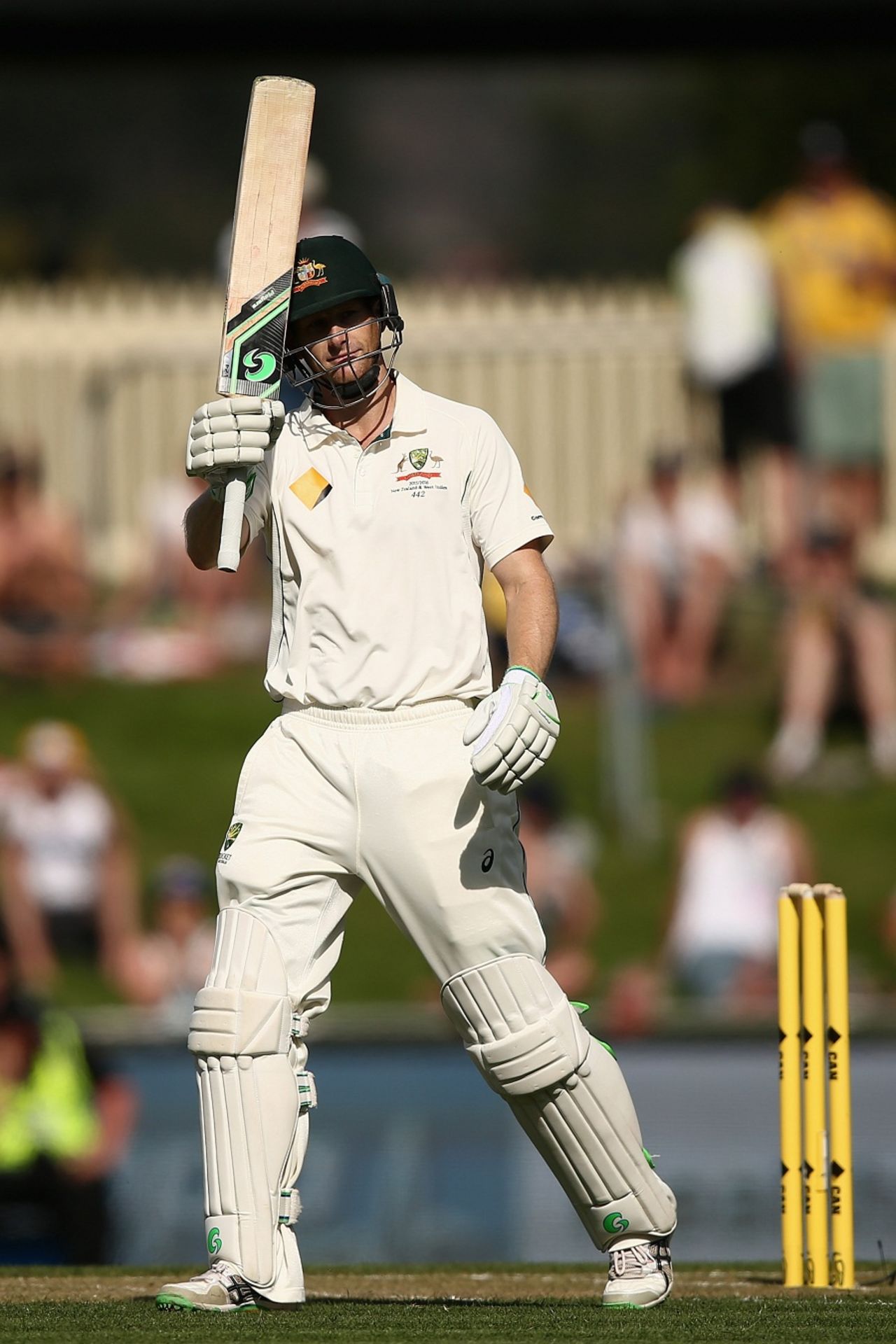Adam Voges raises his bat after reaching 150, 1st Test, Hobart, 1st day, December 10, 2015