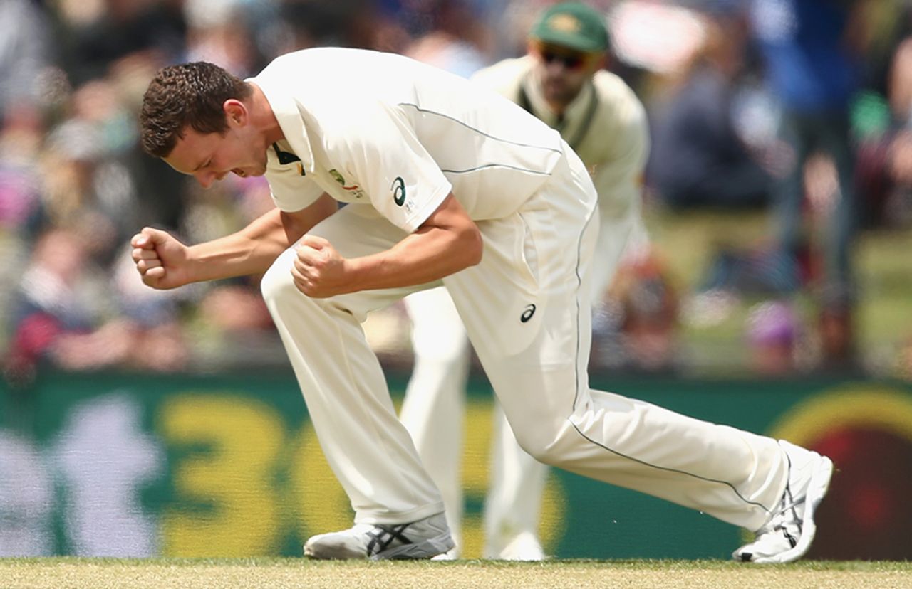 Josh Hazlewood took an early wicket for Australia, dismissing Kraigg Brathwaite, Australia v West Indies, 1st Test, Hobart, 2nd day, December 11, 2015