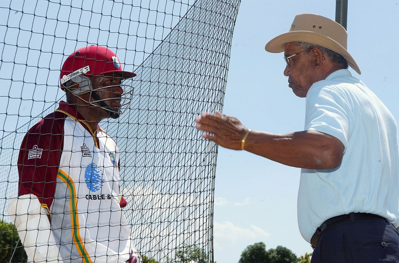 Brian Lara talks to Garry Sobers during a practice session ahead of the first Test, West Indies v England, Kingston, March 9,  2004