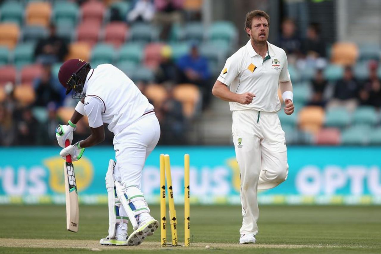 James Pattinson bowled Darren Bravo cheaply in the second innings, Australia v West Indies, 1st Test, Hobart, 3rd day, December 12, 2015