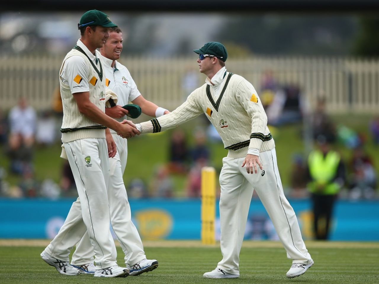 Job well done: Josh Hazlewood knocked over the final few wickets, Australia v West Indies, 1st Test, Hobart, 3rd day, December 12, 2015