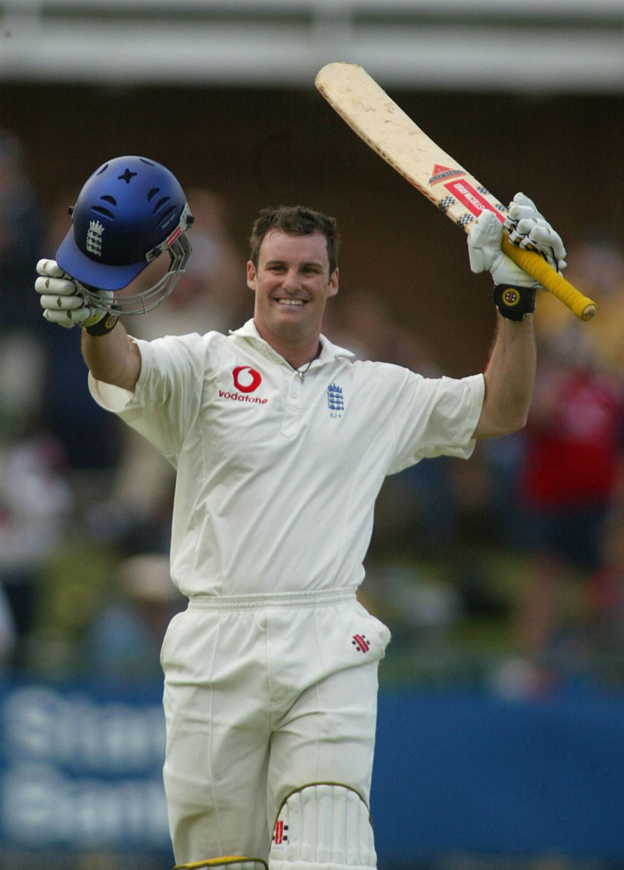 Andrew Strass celebrates his hundred in the first Test at Port Elizabeth, December 2004