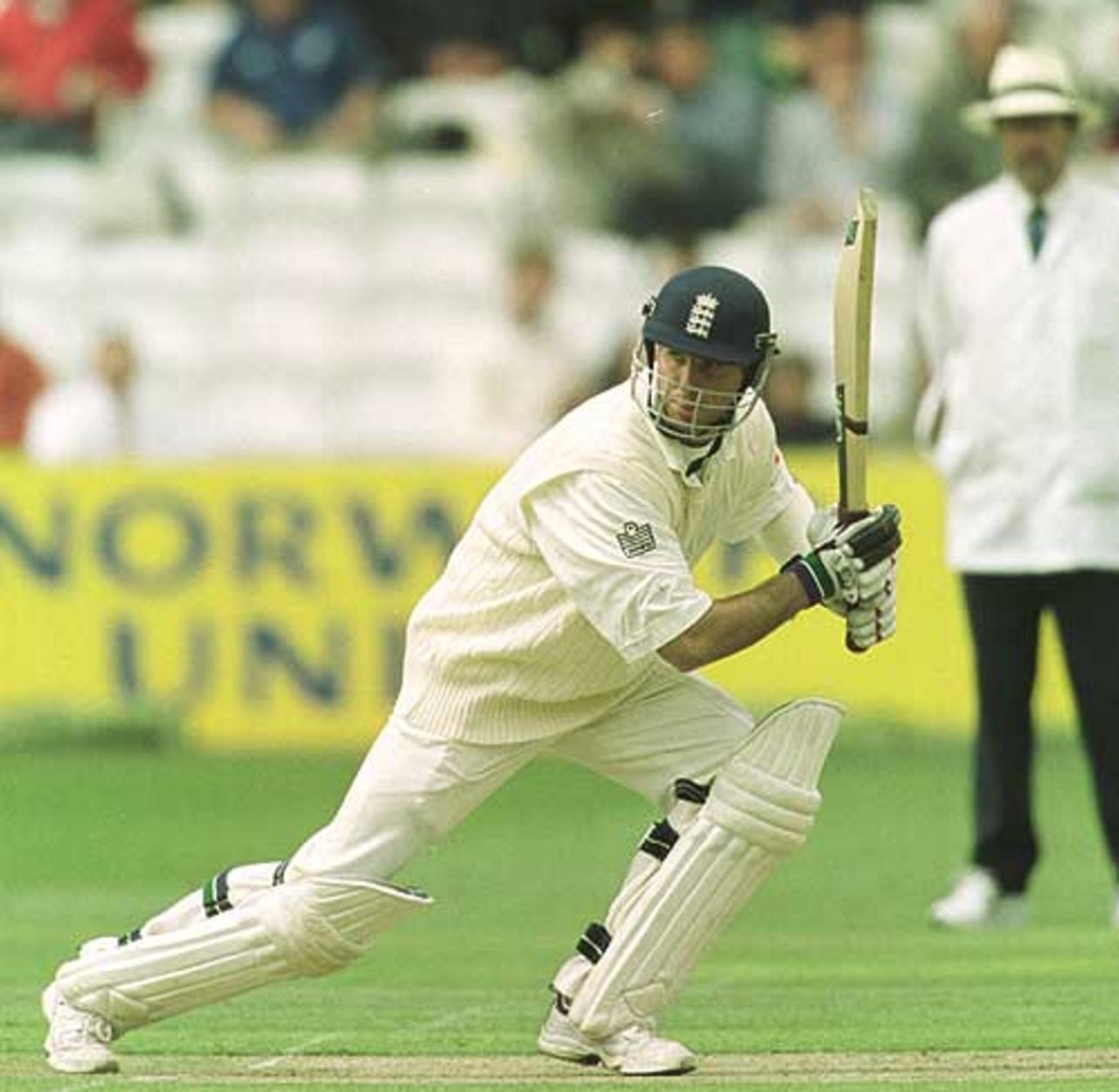 Michael Vaughan square-drives the ball,day 2, 2nd Test at Old Trafford, 17-21 May 2001.
