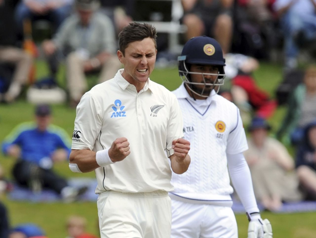 Trent Boult exults after dismissing Rangana Herath, New Zealand v Sri Lanka, 1st Test, Dunedin, 5th day, December 14, 2015