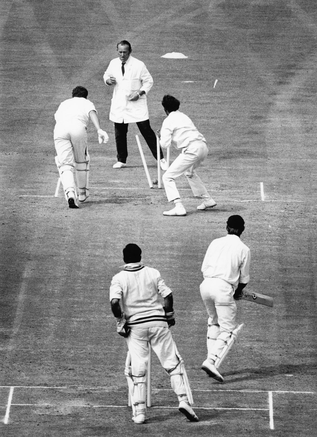 John Jameson is run out after a drive by Brian Luckhurst was deflected onto the stumps by Bhagwath Chandrasekhar, England v India, third Test, first day, the Oval, August 19, 1971
