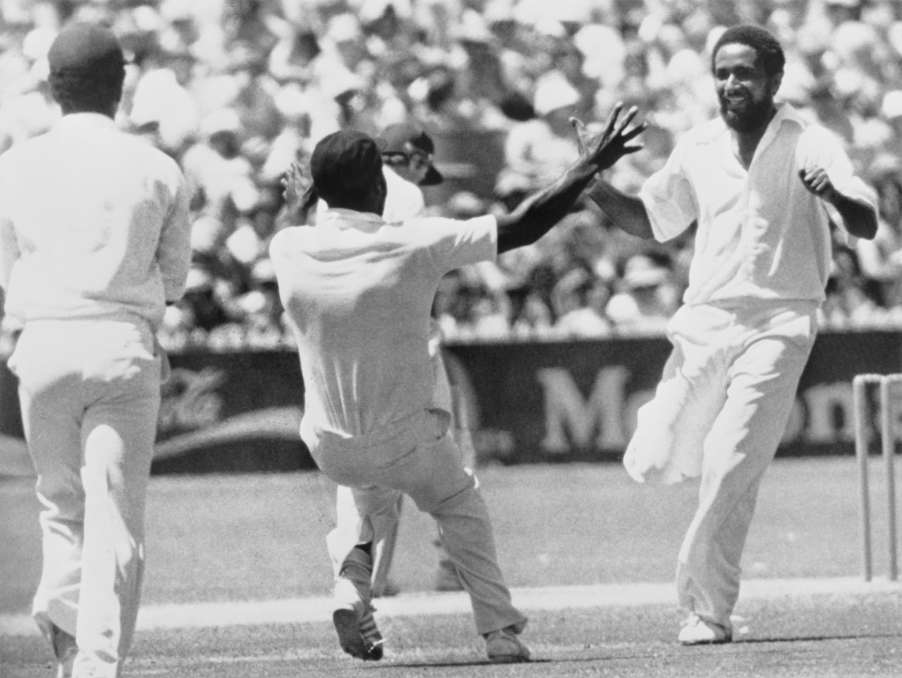 Viv Richards and Andy Roberts celebrate the wicket of Greg Chappell, Australia v West Indies, third Test, day two, Adelaide, January 27, 1980 