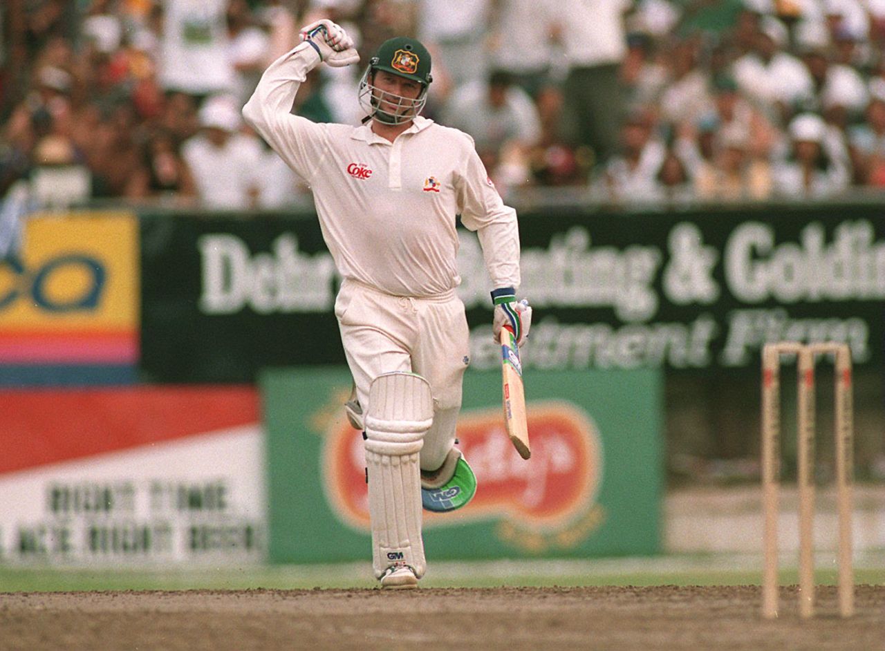 Steve Waugh celebrates his century, West Indies v Australia, 4th Test, Jamaica, 2nd day, April 30, 1995
