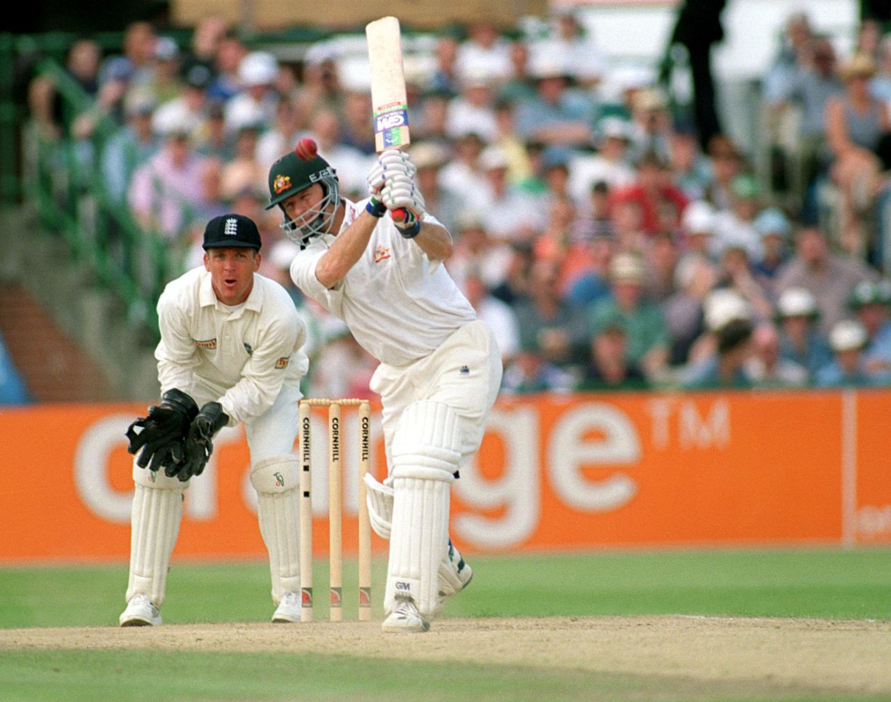 Steve Waugh drives during his second century, England v Australia, 3rd Test, Old Trafford, 4th day, July 6, 1997