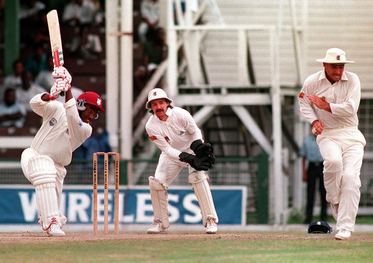 Brian Lara drives during his 375, West Indies v England, 5th Test, St John's, 3rd day, April 18, 1994 