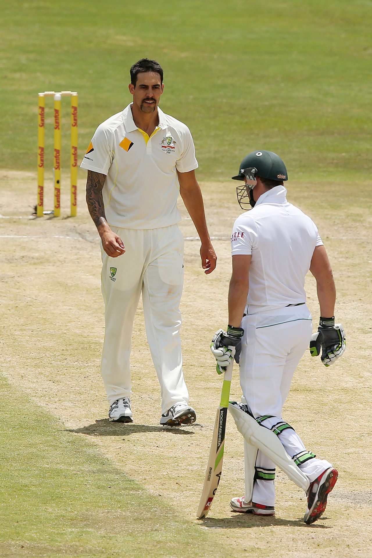 Mitchell Johnson glares at AB de Villiers after dismissing him, South Africa v Australia, first Test, day three, Centurion, February 14, 2014 