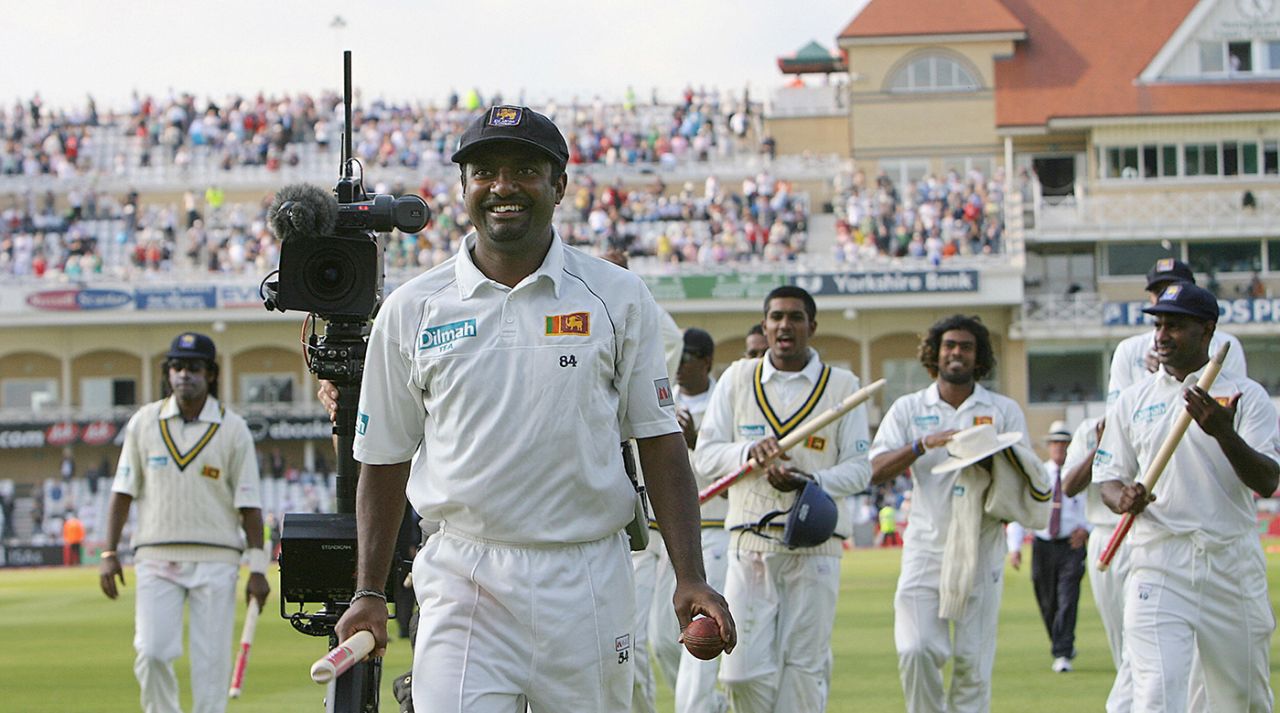 Muttiah Muralitharan leads the Sri Lanka side off the field, having taken eight wickets in the second innings, England v Sri Lanka, third Test, day four, Trent Bridge, June 5, 2006  