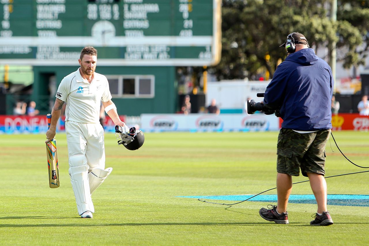 Brendon McCullum is filmed as he walks off the field, unbeaten on 281, New Zealand v India, second Test, day four, Wellington, February 17, 2014