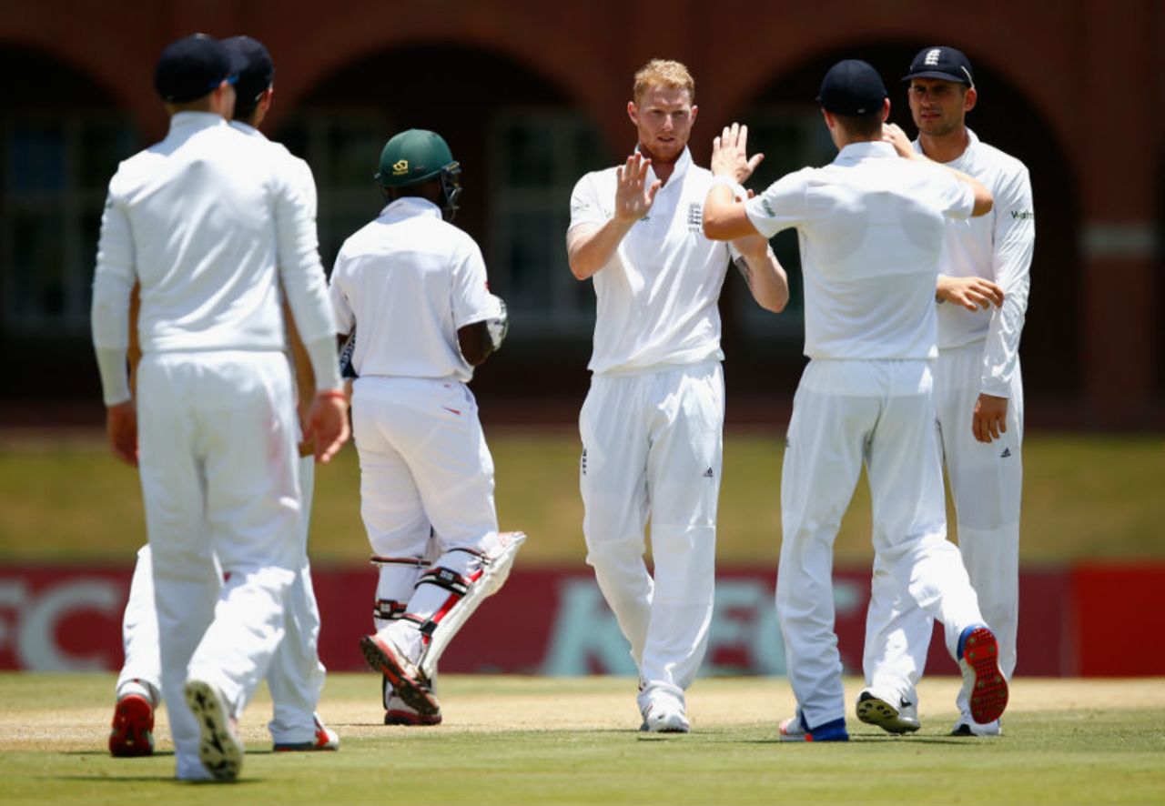 Ben Stokes claims the wicket of Somila Seyibokwe, SA Invitational XI v England XI, Potchefstroom, 2nd day, December 16, 2015